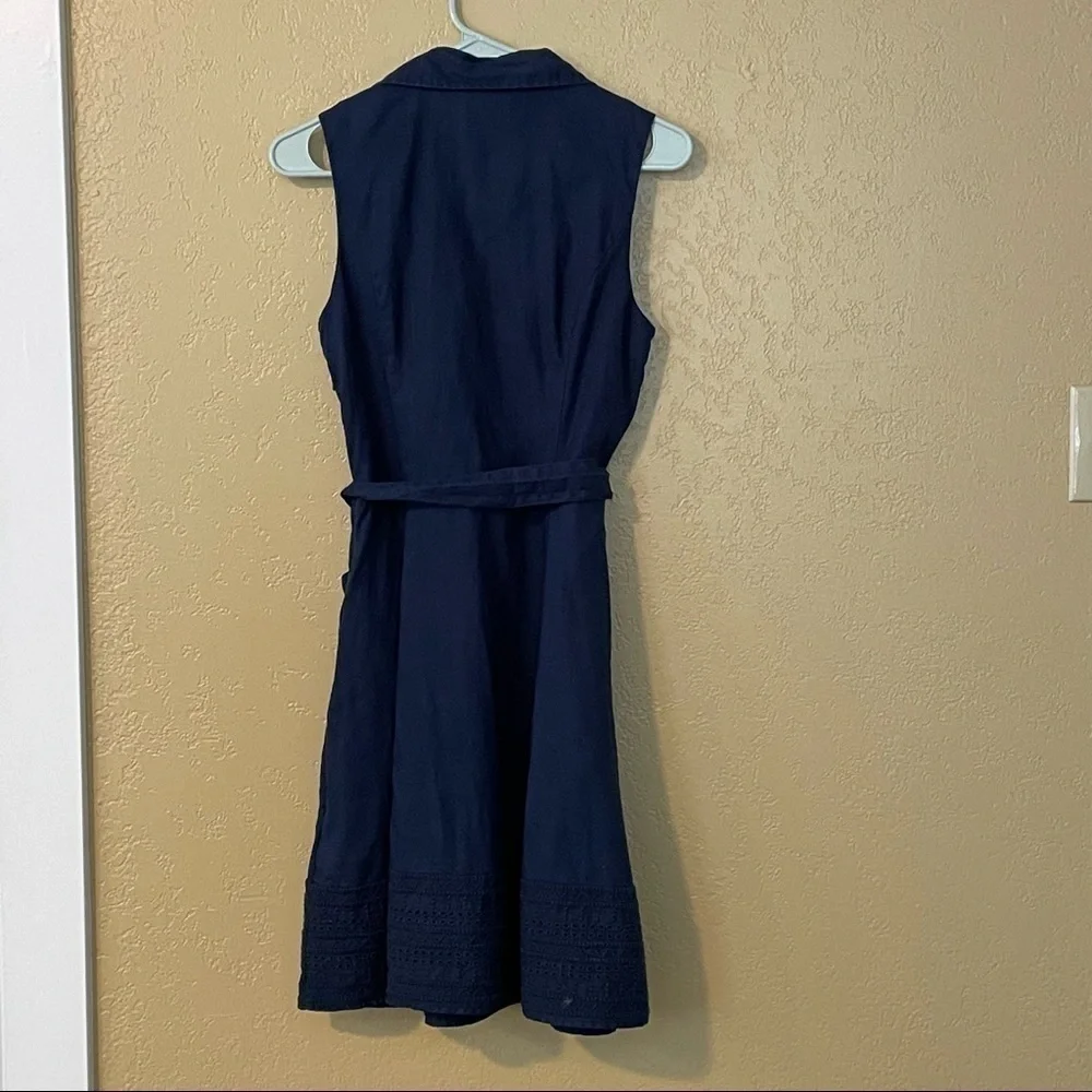 Tahari SZ 2 100% Linen Shirt Dress Navy blue fit flair - Picture 5 of 8